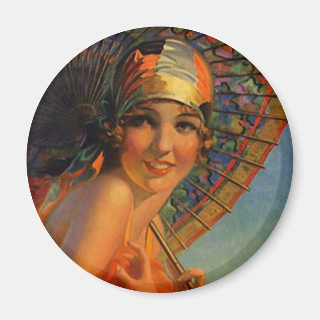 Imán Chica de Flapper de moda con Parasol y Cloche (Frente)