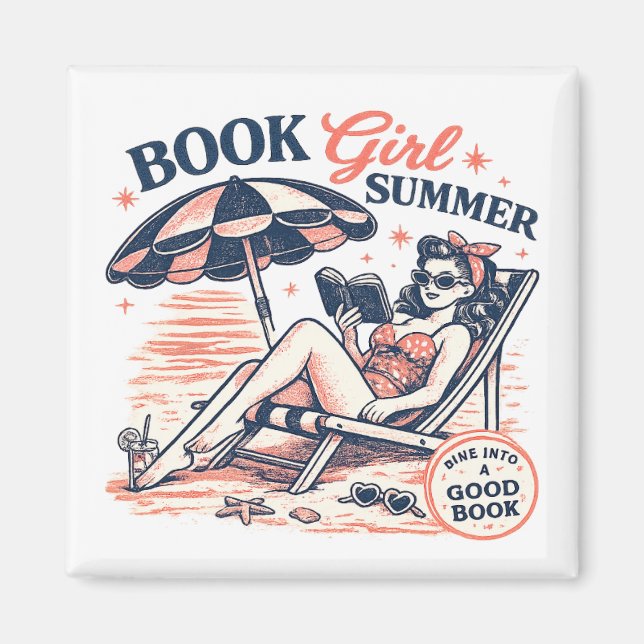 Imán Chica de Libro de Verano Retro Playa (Frente)