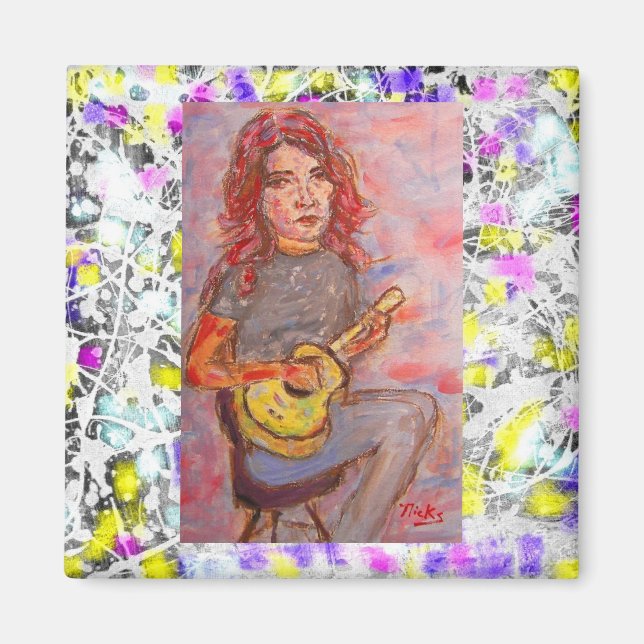 Imán chica de pelo rojo y ukulele (Frente)