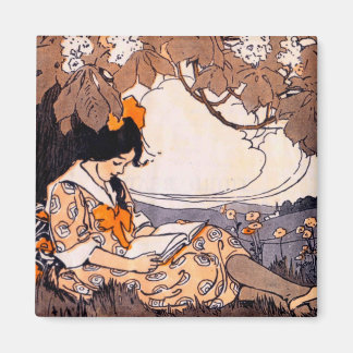 Imán Chica de vintage leyendo bajo un árbol