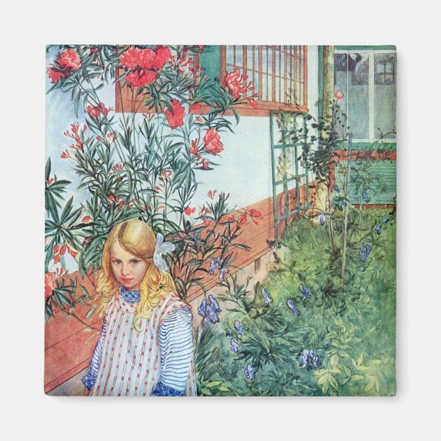 Imán Chica en el jardín con flores rojas (Frente)