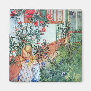 Imán Chica en el jardín con las flores rojas