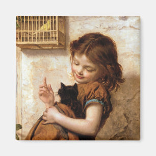 Imán Chica, gato y pájaro - pintura del gatito del