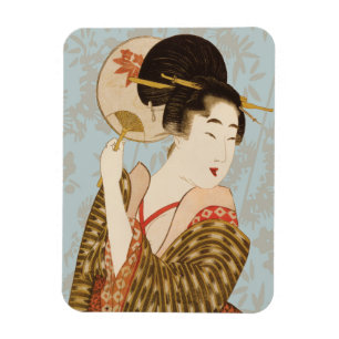 Imán Chica Geisha Japonesa Vintage con Kimono y Abanico