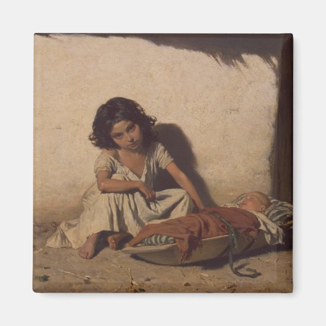 Imán Chica joven con un bebé (niños pobres de la calle) (Frente)