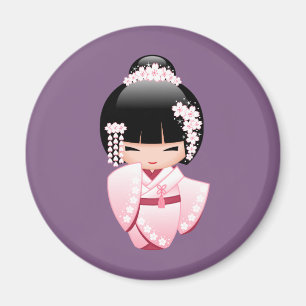 Imán Chica Kokeshi Kawaii de Kimono Rosa en Redondo Púr
