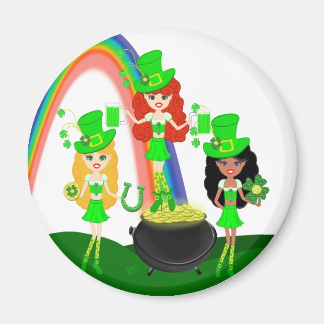 Imán Chica Leprechauns Arcoiris y Oro Oro (Frente)