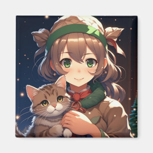 Imán Chica linda de Anime sosteniendo un gatito de Navi