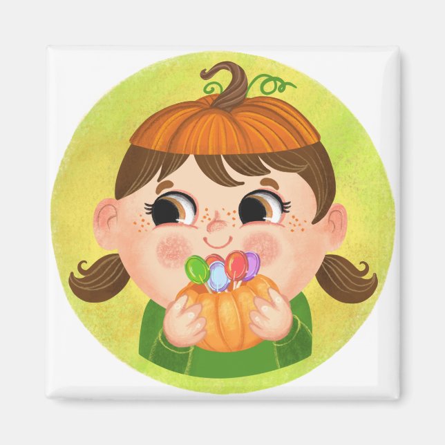 Imán Chica lindo con disfraz de Halloween de calabaza (Frente)