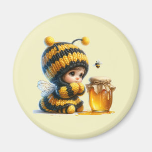 Imán Chica lindo con traje de abeja con miel