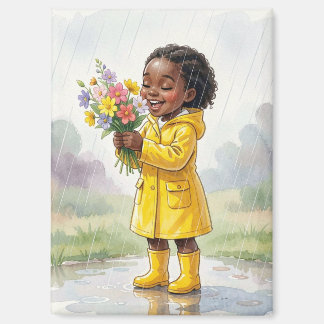 Imán Chica negra en la lluvia sosteniendo flores – Vida