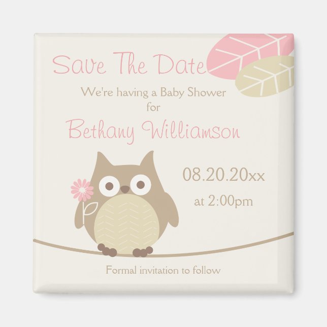 Imán Chica Owl Baby Shower Guardar La Fecha (Frente)
