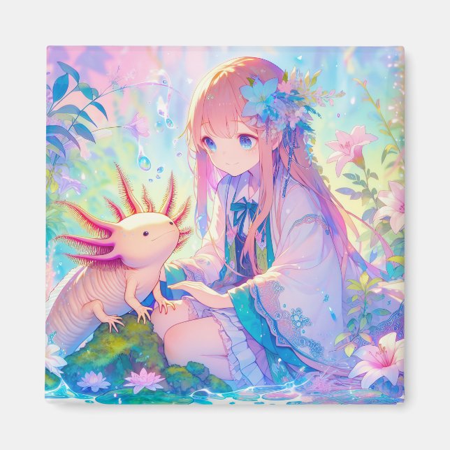 Imán Chica Pastel Anime y un Axolotl personalizado (Frente)