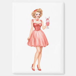 Imán Chica Pin-Up de Batido de Fresa Vintage