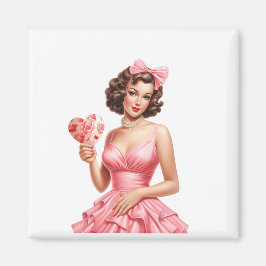 Imán Chica Pin-Up Vintage de San Valentín con Abanico e