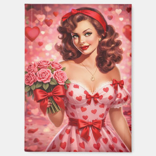 Imán Chica Pin-Up Vintage de San Valentín con Rosas