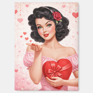 Imán Chica Pin-Up Vintage de San Valentín Soplando un B