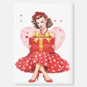 Imán Chica Pin-Up Vintage de San Valentín Sosteniendo R