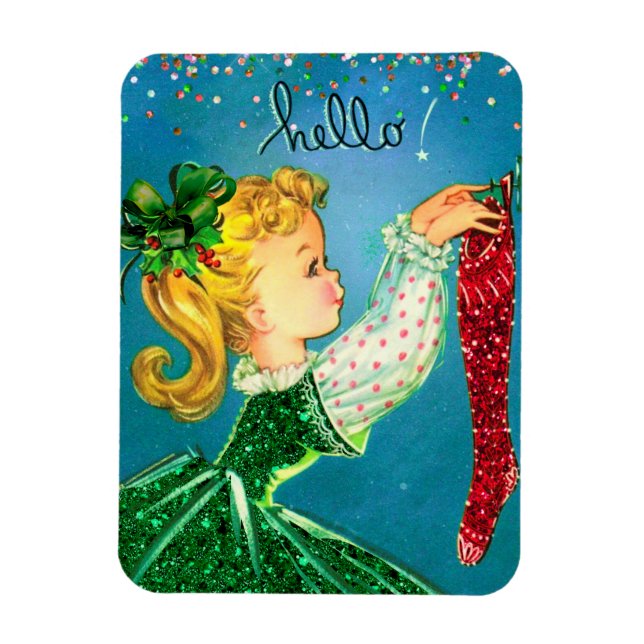 Imán Chica purpurina de calcetines rojos de Navidad vin (Vertical)