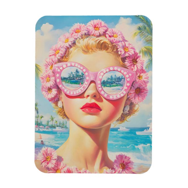 Imán Chica Retro Beach con gafas de sol florales (Vertical)