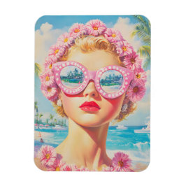 Imán Chica Retro Beach con gafas de sol florales