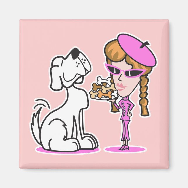 Imán chica retro y perro mascota (Frente)