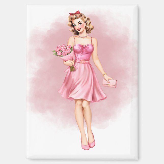 Imán Chica Rosa Vintage Pin-Up con Rosas (Anverso)