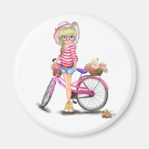 Imán Chica rubio con bicicleta rosa y gato en las flore