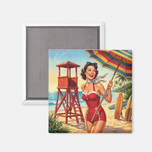 Imán Chica Salvavidas de Playa Vintage Pin Up