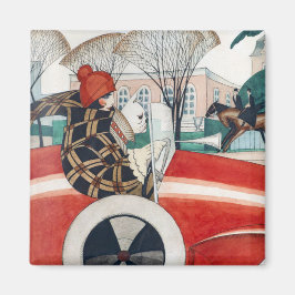 Imán Chica y perro de pug en un automóvil rojo