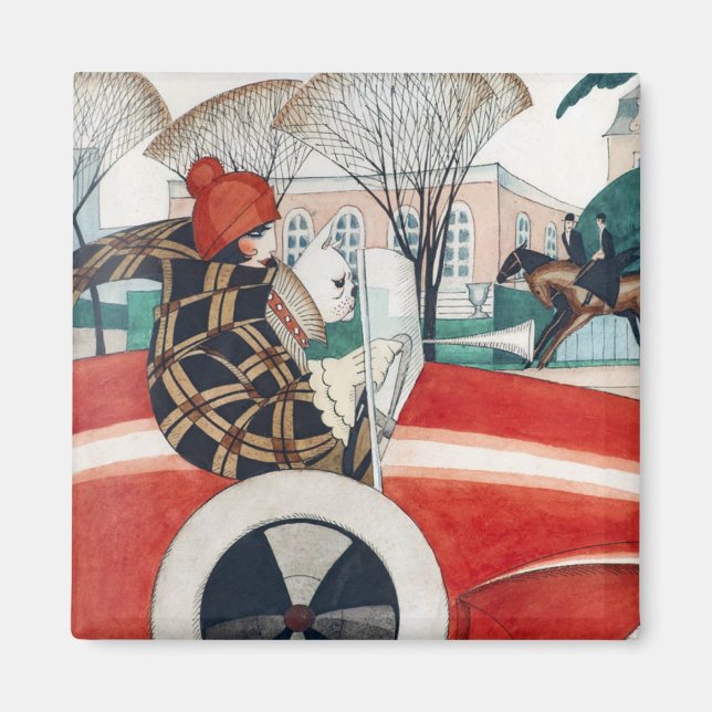 Imán Chica y perro de pug en un automóvil rojo (Frente)