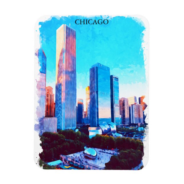 Imán Chicago Illinois Watercolor Paint Illustration (Vertical)