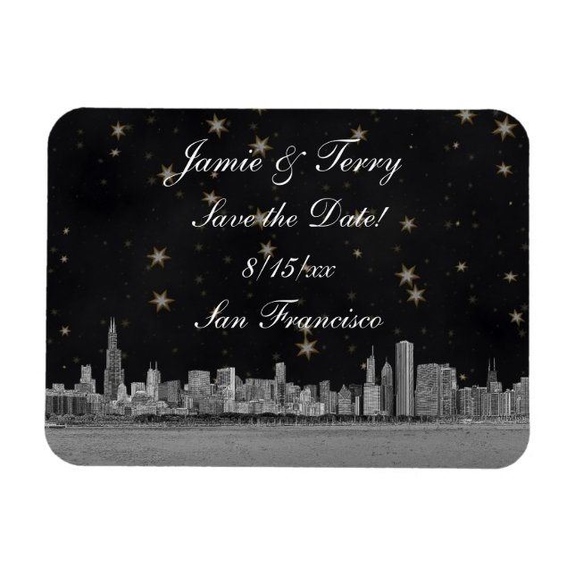 Imán Chicago Skyline Black Gold Star Save the Date (Horizontal)