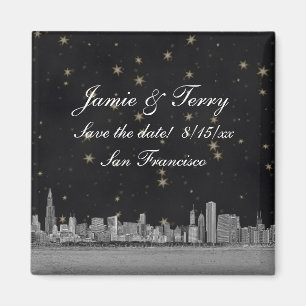 Imán Chicago Skyline Black Gold Star Save the Date
