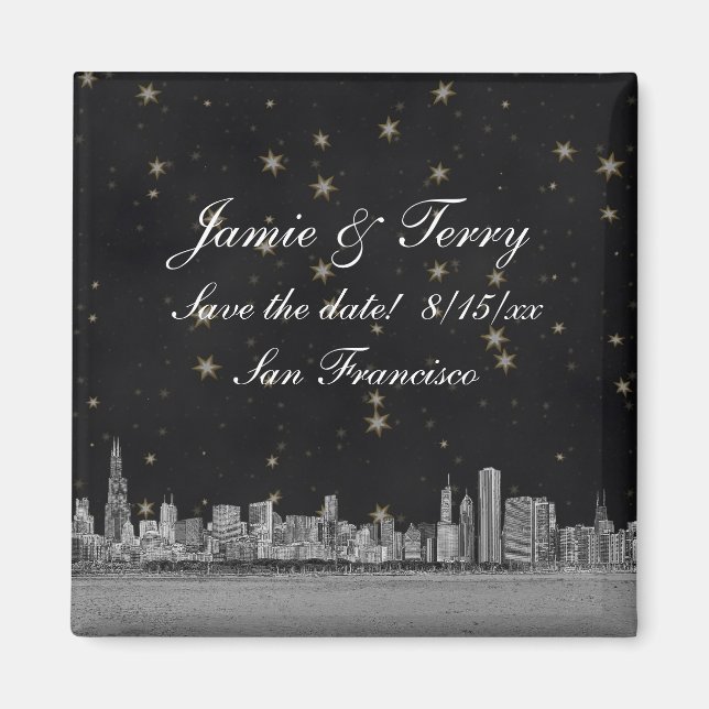 Imán Chicago Skyline Black Gold Star Save the Date (Frente)