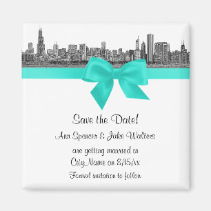 Imán Chicago Skyline Etched BW Aqua Save the Date