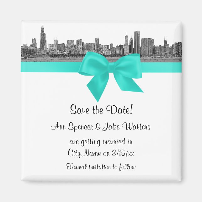 Imán Chicago Skyline Etched BW Aqua Save the Date (Frente)