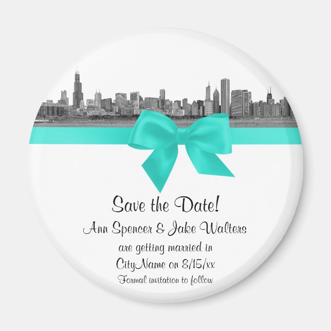 Imán Chicago Skyline Etched BW Aqua Save the Date R (Frente)