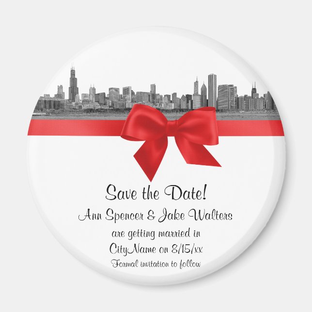 Imán Chicago Skyline Etched BW Red Save the Date R (Frente)