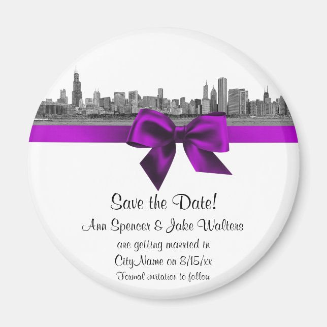 Imán Chicago Skyline Etched BW Violet Save the Date R (Frente)