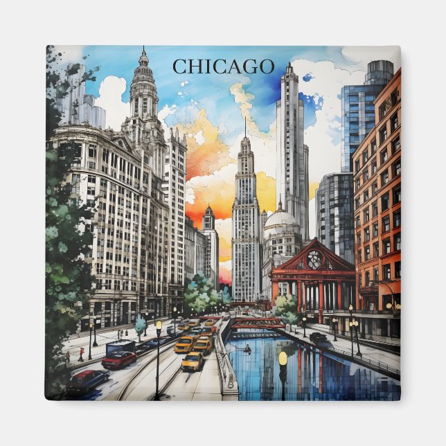 Imán Chicago Skyline Watercolor – Windy City Travel (Frente)