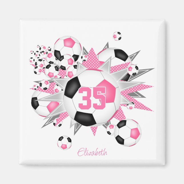 Imán chicas de fútbol personalizado estallido de bola r (Frente)
