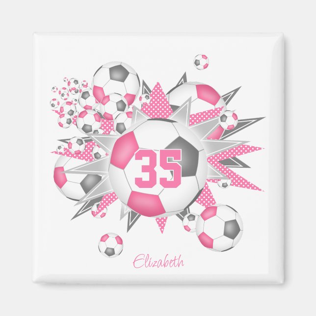 Imán chicas de fútbol personalizado explosión de pelota (Frente)