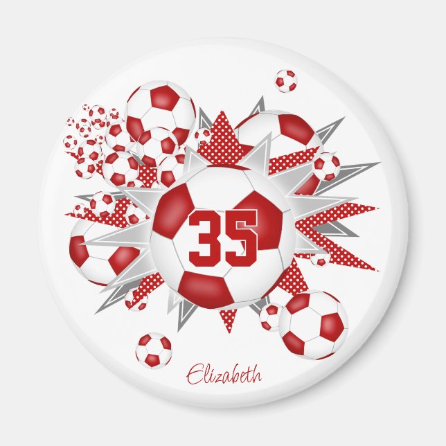 Imán chicas de fútbol personalizado, pelota rojiza (Frente)