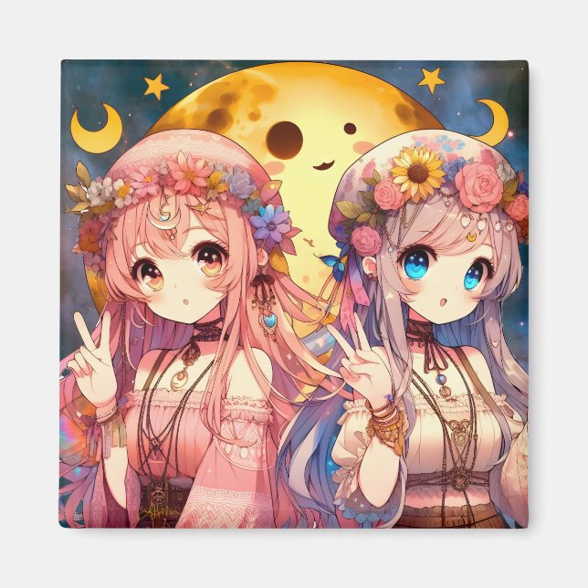 Imán Chicas de la Luna Hippie, Chica anime, dan un sign (Frente)