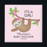 Imán Chicas dulces de Sloth Baby Shower Favor Magnet<br><div class="desc">Imán de pereza dulce para una ducha de bebé de chicas con un lindo perezoso colgando de una rama de árbol sobre un fondo de color rosa de agua. Artículos coincidentes disponibles en nuestra tienda.</div>