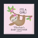 Imán Chicas dulces de Sloth Baby Shower Favor Magnet<br><div class="desc">Imán de pereza dulce para una ducha de bebé de chicas con un lindo perezoso colgando de una rama de árbol sobre un fondo de color rosa de agua. Artículos coincidentes disponibles en nuestra tienda.</div>