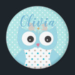 Imán Chicas personalizados del arte de la lechuza azul<br><div class="desc">Adorable arte de búho y patrón de puntos de polka en imán personalizado.</div>