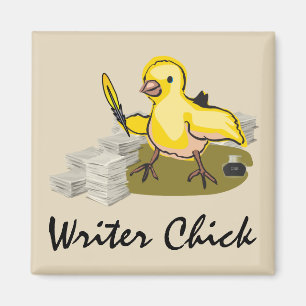 Imán Chick escritor con papel, píldora de plumas y tint