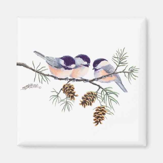 IMÁN CHICKADEES & PINECONES DE SHARON SHARPE (Frente)